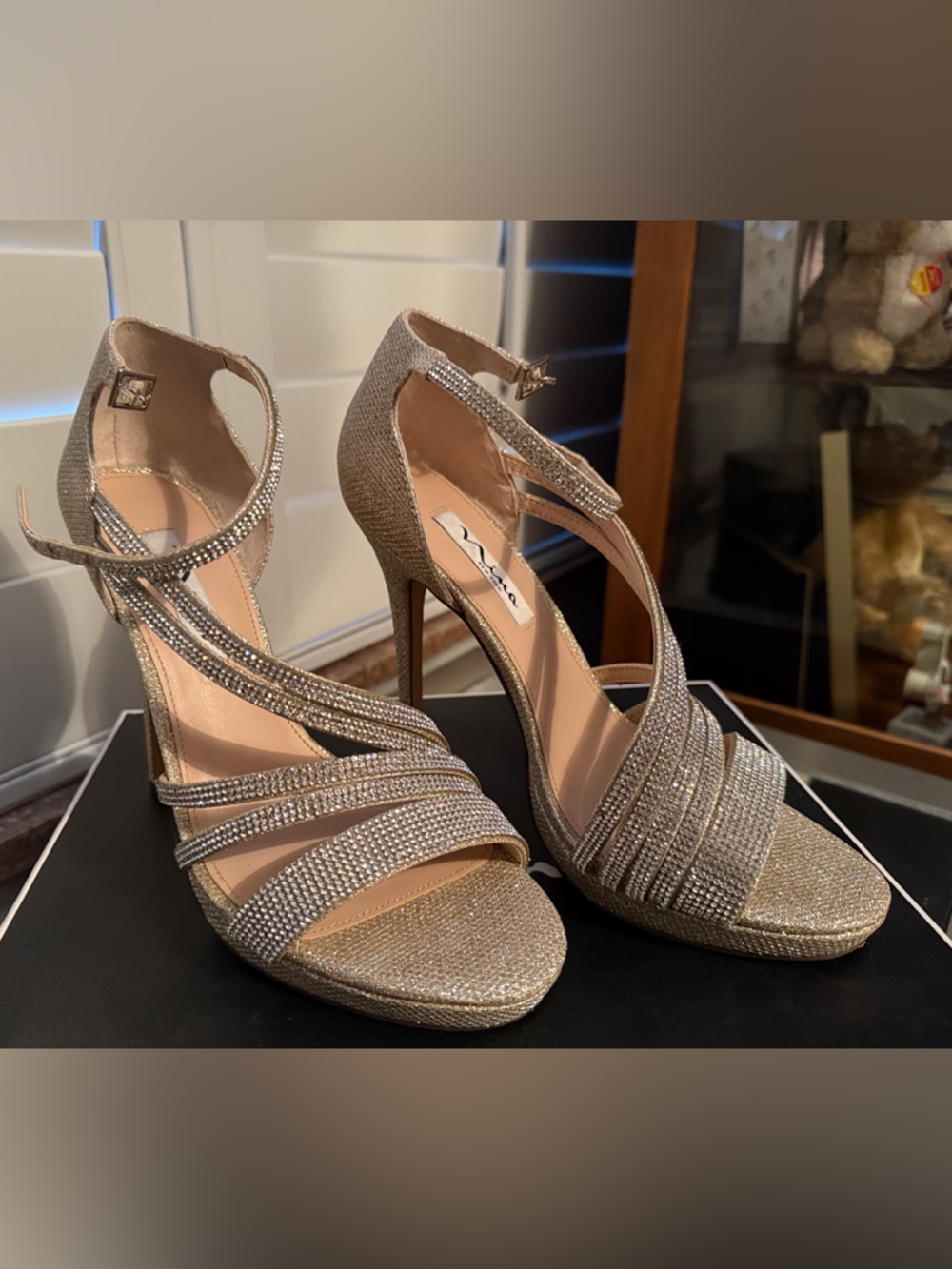 Nina Shoes Metallic Champagne Rhinestone Strappy High Heels
